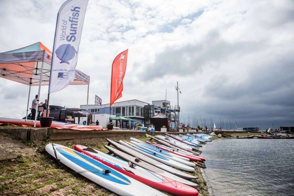 Paddleboards line the slipway outside the Queen Mary Sailing Club in London