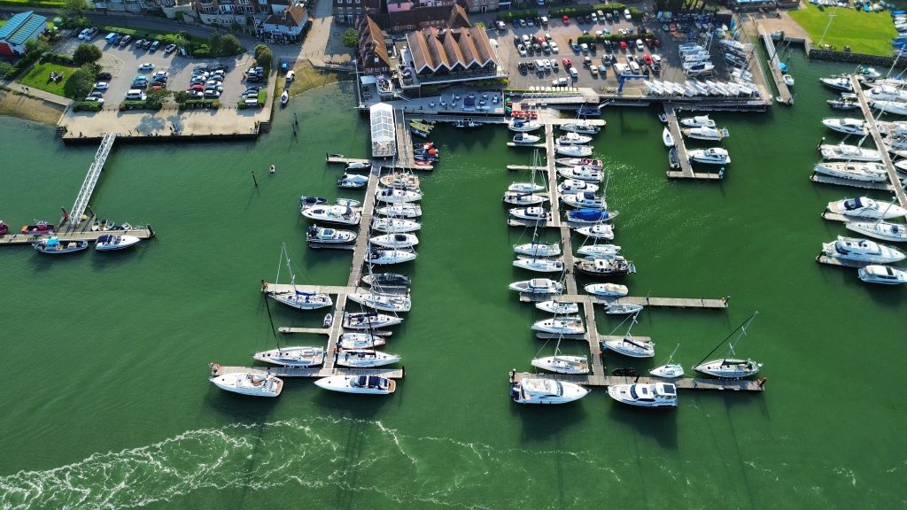 Aerial view of boats moored at the Royal Southern Yacht Club