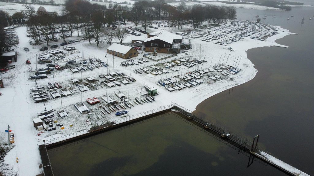 An aerial view of snow-covered Rutland Sailing Club