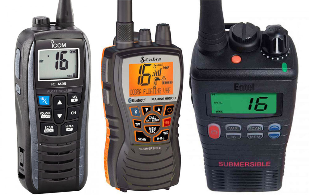 Handheld VHFs The Icom IC-M25 Euro (5), the Cobra HH500 (6), Entel HT644 (7).