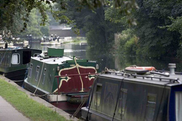 Narrowboats moored on a canal