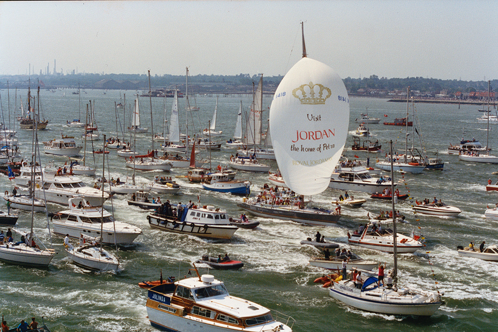Crowds turn out to greet Tracy Edwards and her crew as they finish the race in Southampton in 1990. Photo Andrew Sassoli-Parker.