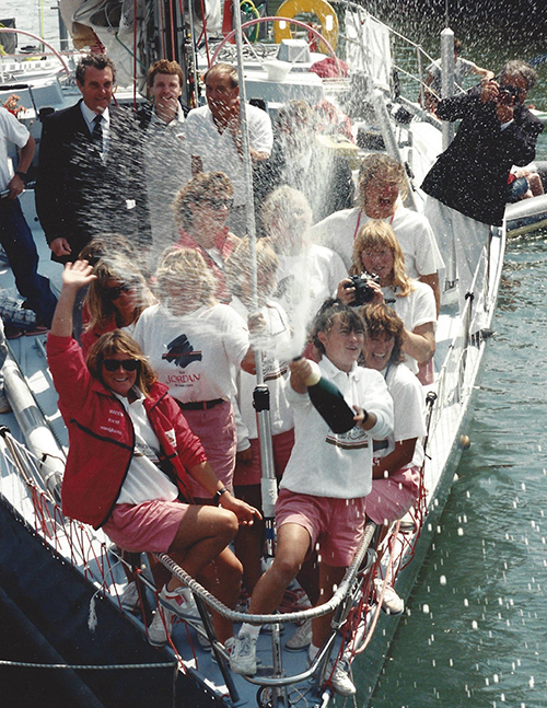 Breaking out the champagne at the finish in Southampton, 1990.