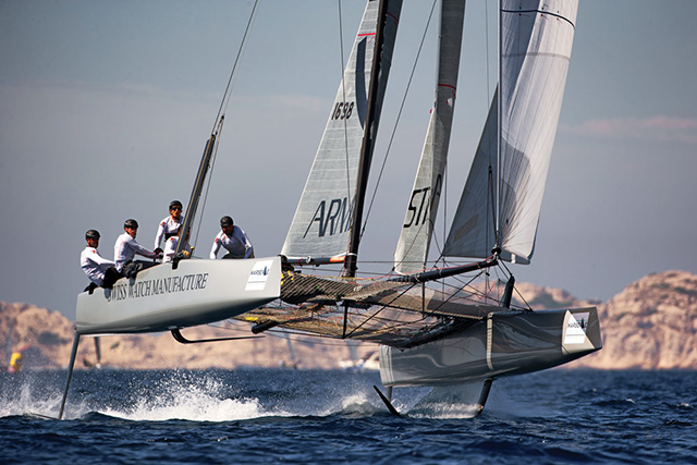 Final day of MARSEILLE ONE DESIGN 2014 GC32. The boat is helmed by Flavio Marazzi and the team is Armin Strom Sailing Team. Photo by Sander van der Borch