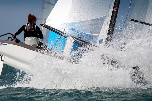 Alicia Clifford and Thomas Bruton going for a pitch pole in their Nacra 17 at the Sail for Gold regatta in Weymouth. Photo by Paul Wyeth/RYA