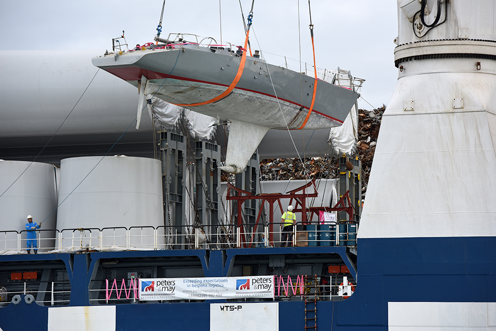 Tracy Edwards Maiden being unloaded in Southampton photo Rick Tomlinson. 