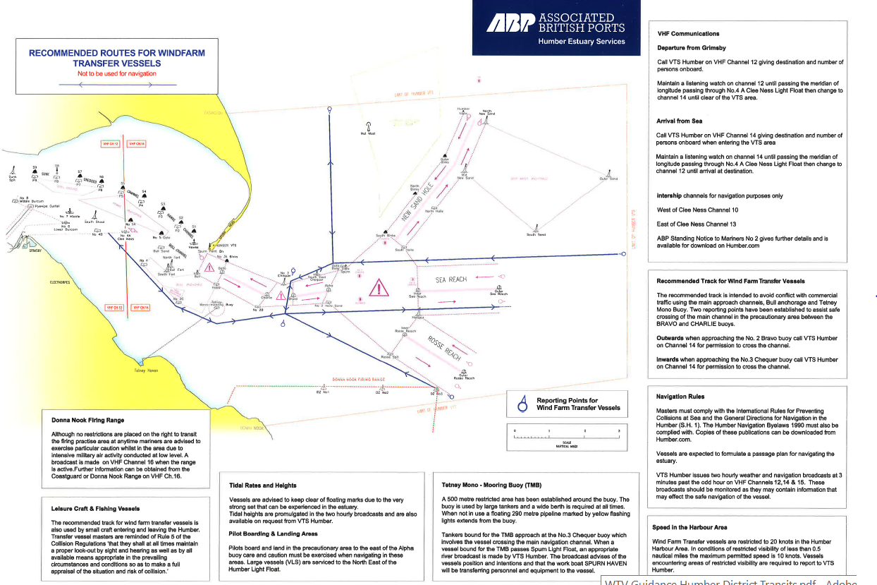 A map downloaded from Associated British Ports showing the entrance to the Humber Estuary, including relevant marker buoys and the VTS Humber radio channel change.