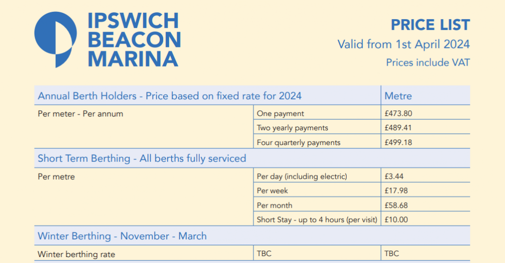 The pricing table for Ipswich Beacon Marina