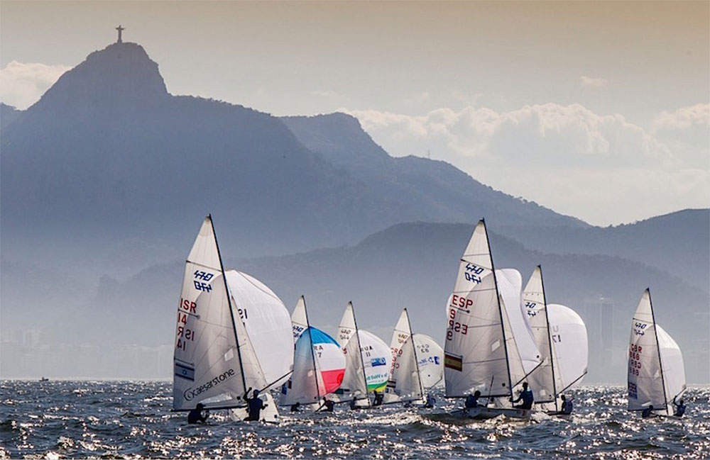 2016 Rio Olympics: 470s racing in the shadow of one of Rio's most famous landmarks. Photo Jesus Renedo/Sailing Energy/ISAF.