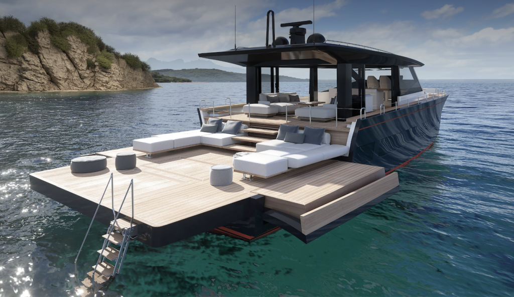 The Swan Arrow with fully opened beach club deck is anchored against a rocky coastline