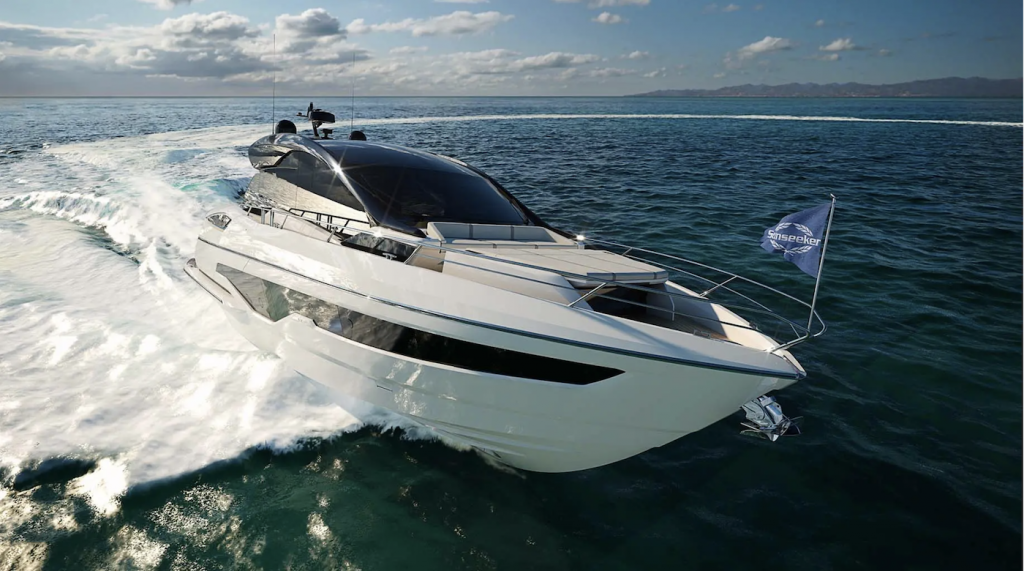 The Sunseeker 55 speeds across a calm sea