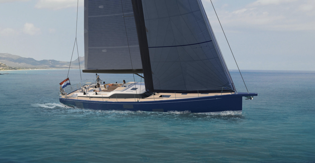 The dark blue 63CS sailing across smooth seas