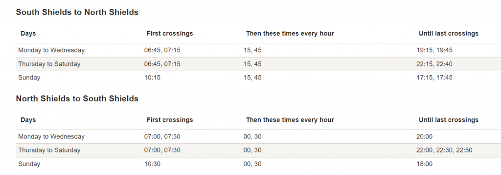 The South Shields to North Shields ferry timetable as found on nexus.org.uk. 