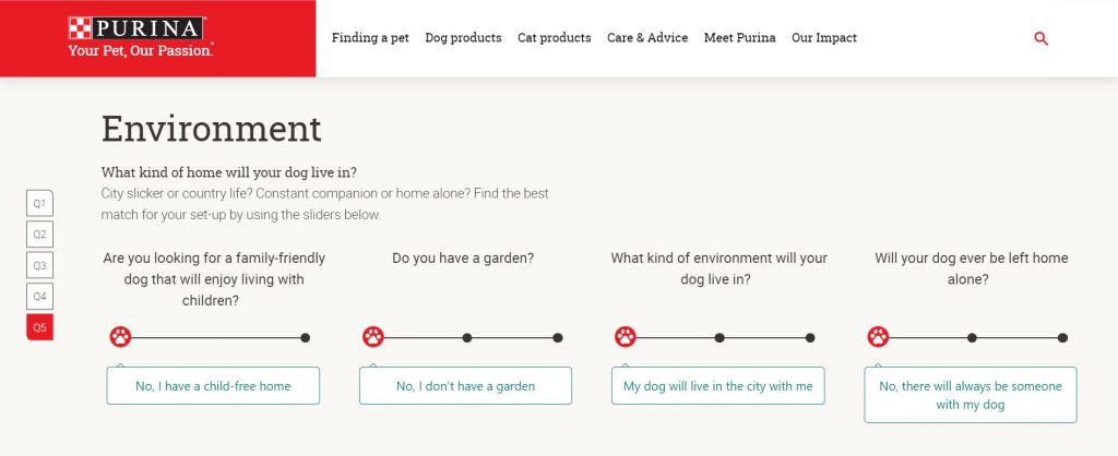 Purina dog breed selector screen shot of last question