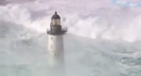 Waves crashing on lighthouses: aerial video