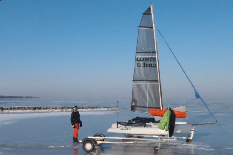 Ice yacht conversion: Weta trimaran on skates
